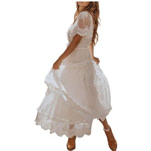 White V Neck Floral Lace Maxi Dress Casual Short Sleeve Boho Flowy Dress
